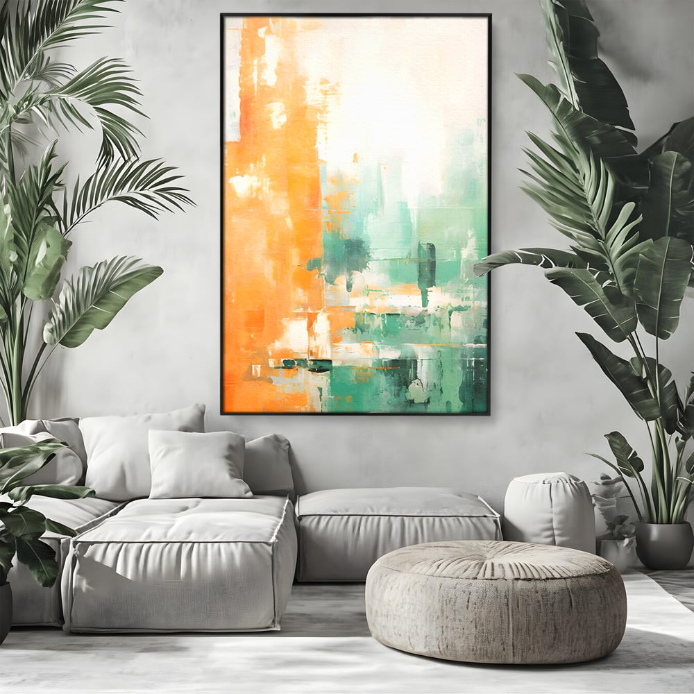 Tablou canvas cu pictura abstracta cu portocaliu si turcoaz, in rama de aluminiu negru, pe perete intr-un living